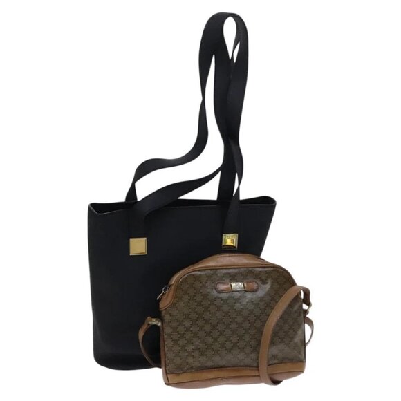 CELINE Macadam Canvas Shoulder Bag Leather 2Set Beige Black - Picture 1 of 16